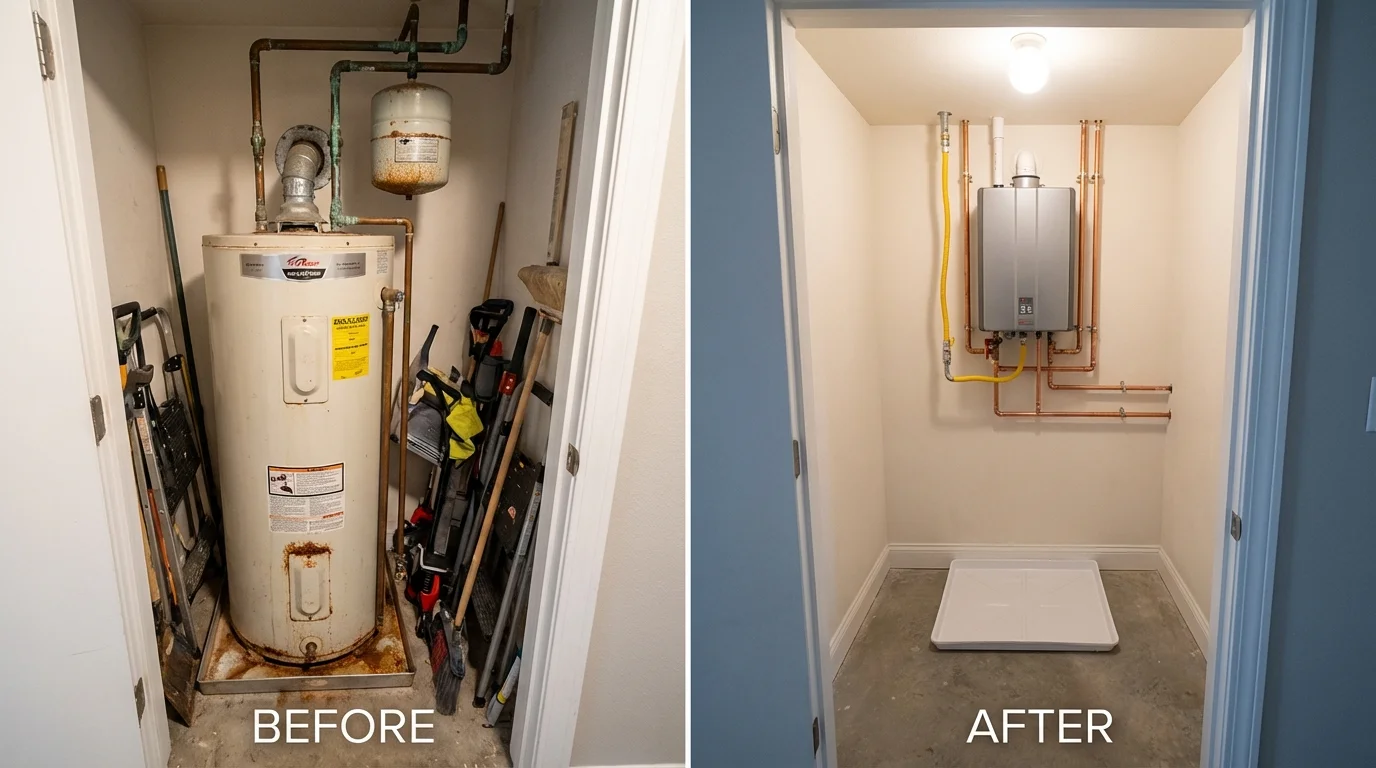 Tank water heater versus wall-mounted tankless unit comparison for Rockville, MD homeowners