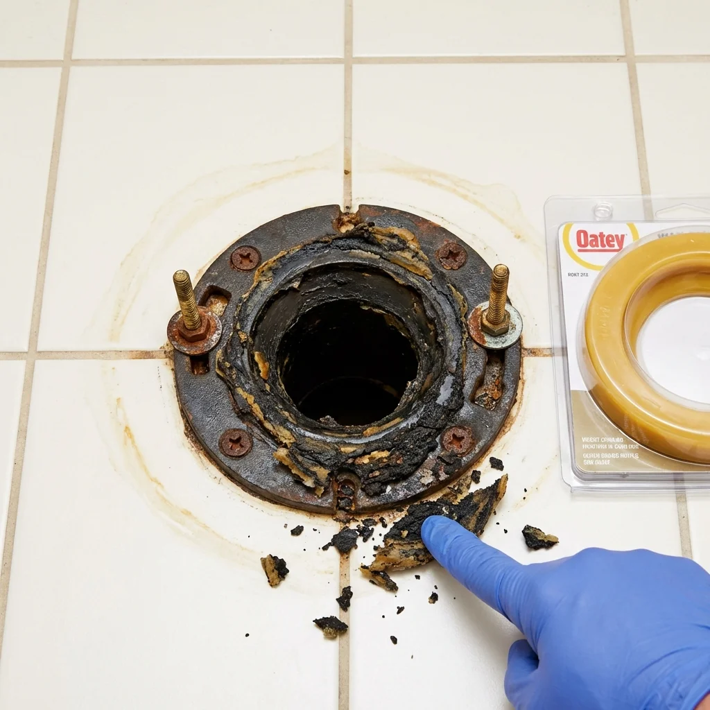 Failed wax ring showing water seepage at the base of a toilet in a Rockville, MD home