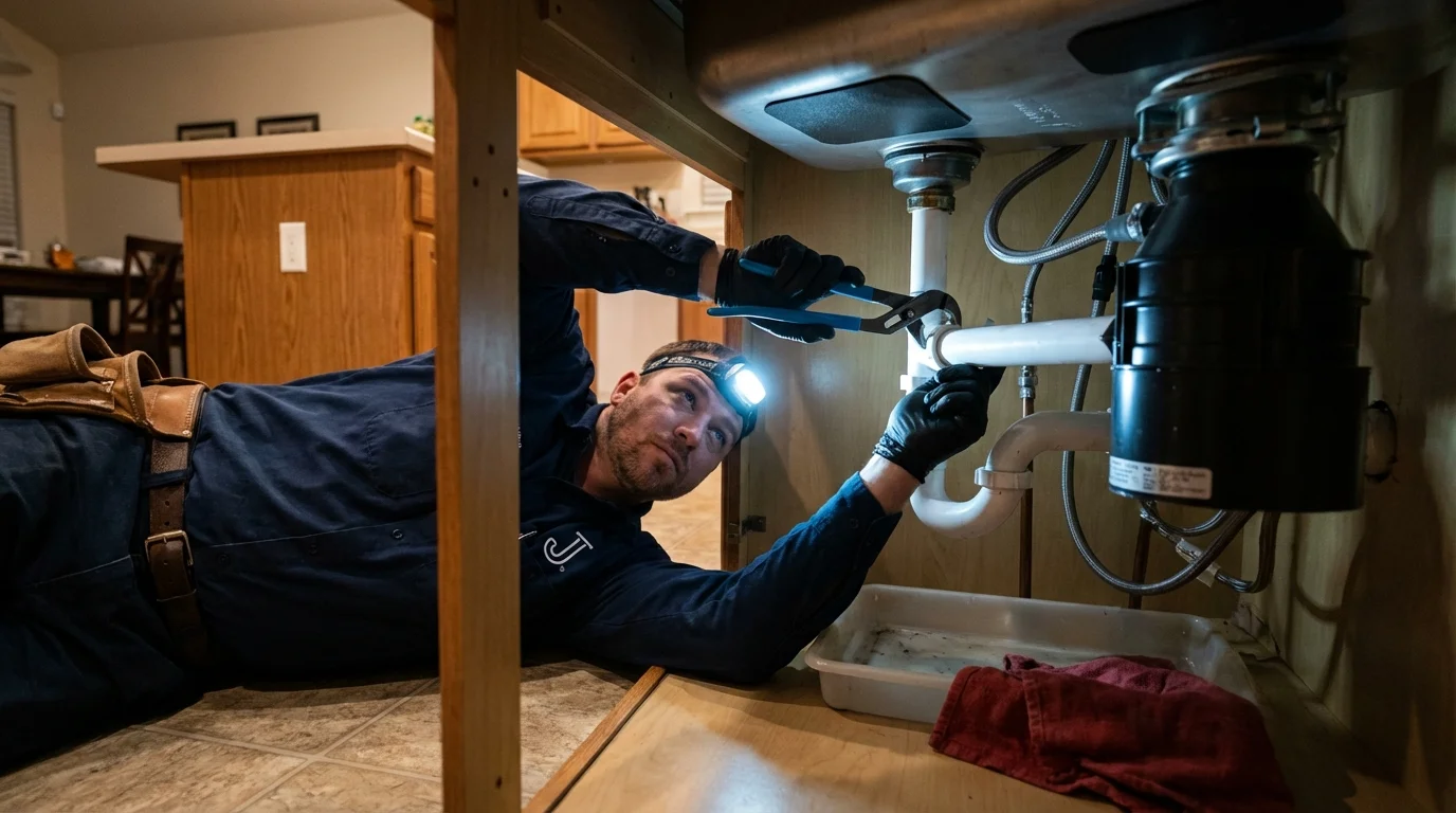 P-trap and supply line connections under a kitchen sink showing a common leak point in Rockville, MD